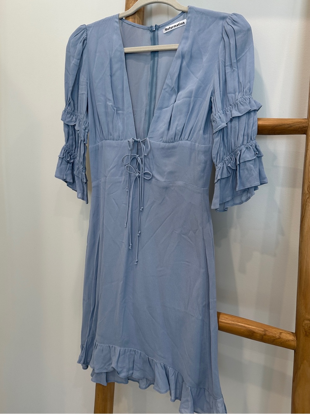 Reformation Laurelei Ruffled Lace-Up Georgette Mini Dress Light Blue sz xs